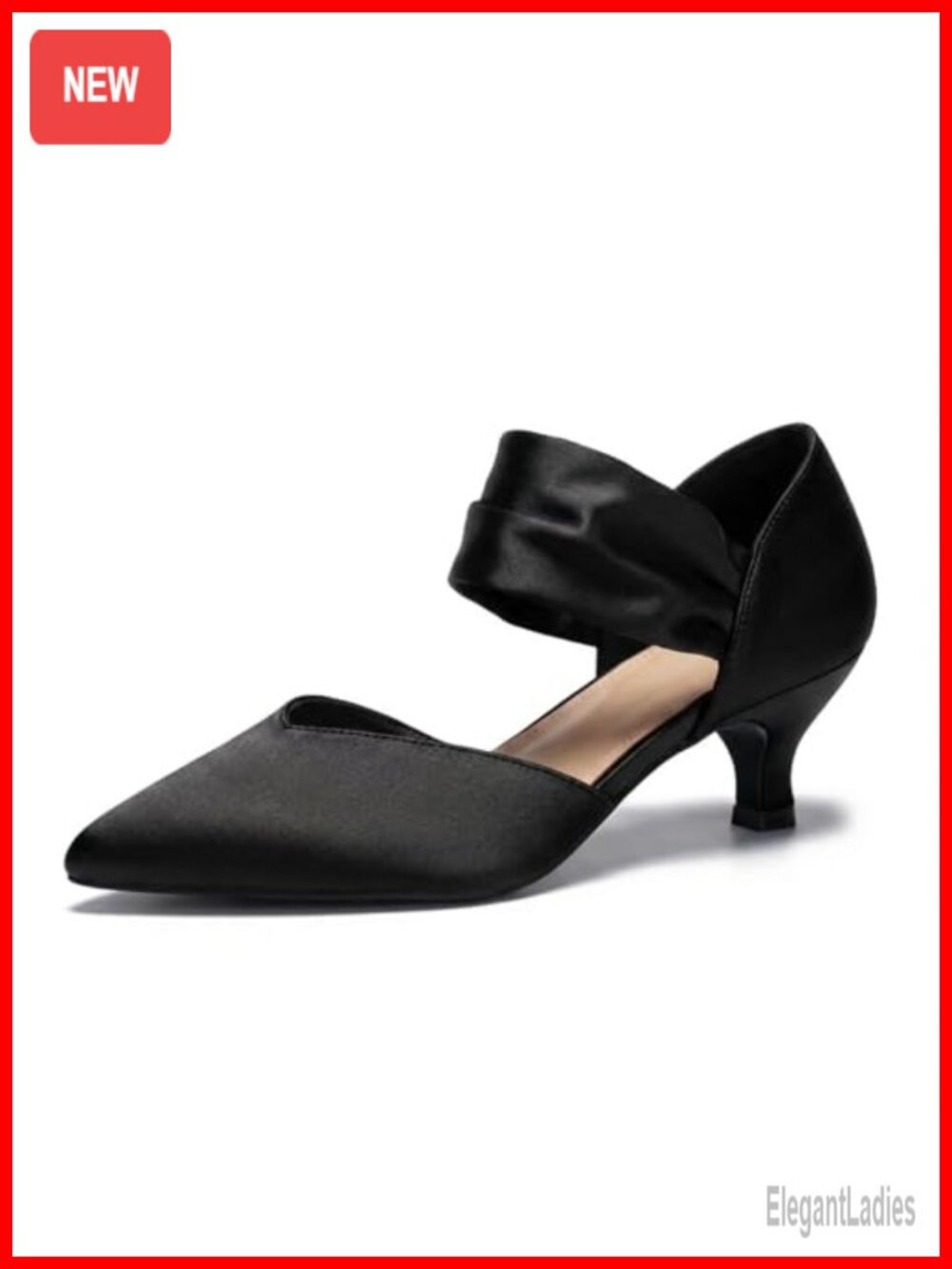 Kitten Heels Pointed Toe Pumps Ankle Strap Satin D'Orsay Wedding Shoes